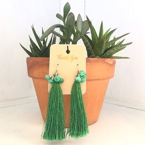 Emerald Green Tassel Earrings With Beads
